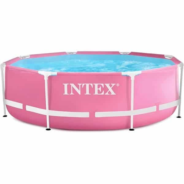 Intex 28290EH 8 Feet by 30 Inches Easy to Assemble Large Round Metal Frame Above Ground Swimming Pool with Dual Suction Outlet Fittings, Pink
