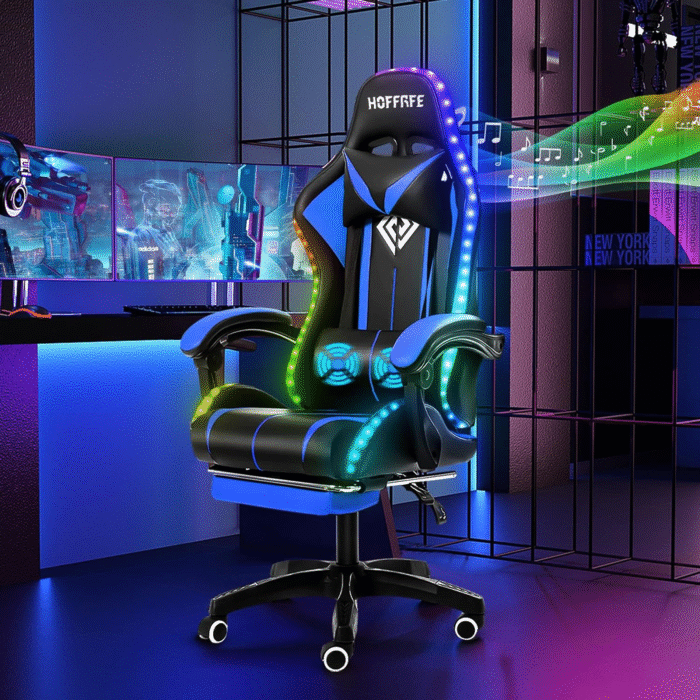 HOFFREE RGB Gaming Chair with Speakers Massage Computer Gaming Chair with LED Lights and Footrest High Back Video Game Chair for Adults Blue and Black - Image 1