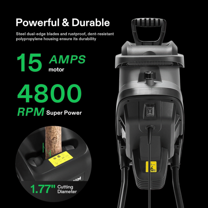 VIVOSUN 15-Amp Electric Wood Chipper Shredder with 1.77" Hopper & 50L Collection Bag, Includes Plunger, Extra Carbon Blades, Safety Goggles & Gloves for Yard Waste, Branches, and Leaves (Grey) - Image 2