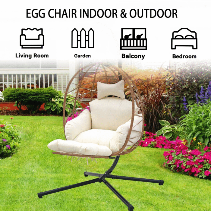 Hanging Egg Chair with Stand & Leg RestOutdoor w/ Swinging Chair Indoor Woven - Image 5