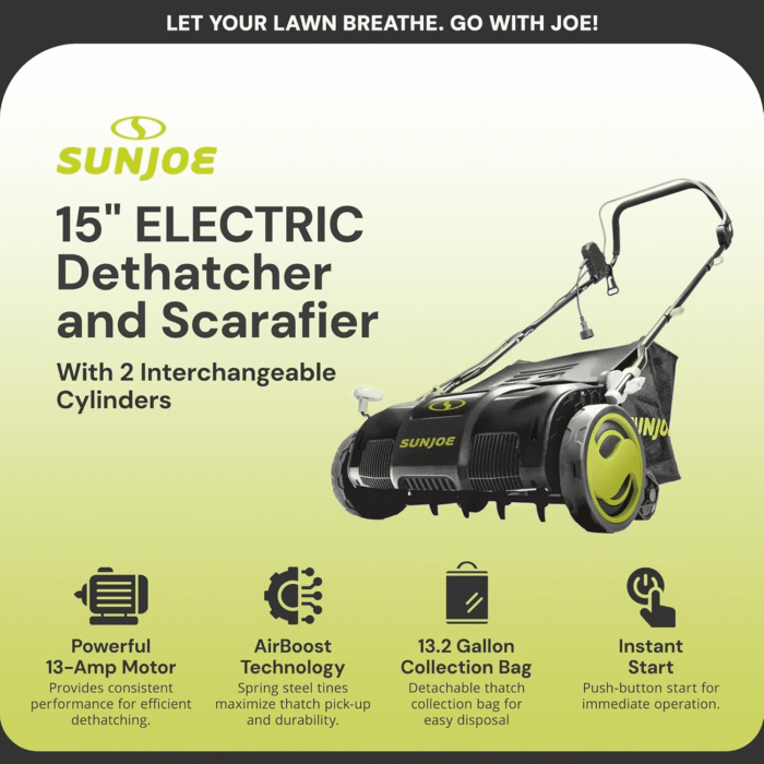 Sun Joe Electric Lawn Dethatcher & Scarifier with 13.2-Gal Bag, 13 Amp, 15 Inch, Black/Green - Heavy Duty Gardening Machine and Equipment for Lawn, Yard, and Grass, AJ805E - Image 2