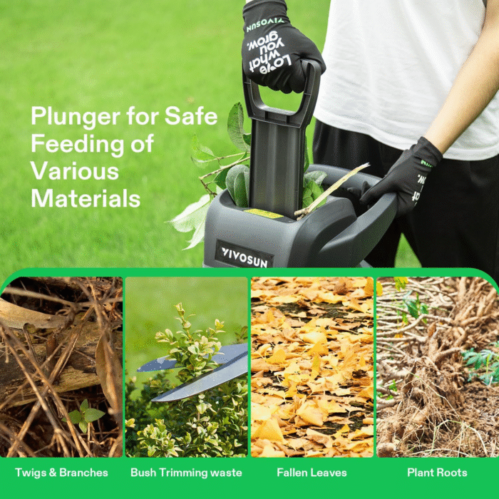 VIVOSUN 15-Amp Electric Wood Chipper Shredder with 1.77" Hopper & 50L Collection Bag, Includes Plunger, Extra Carbon Blades, Safety Goggles & Gloves for Yard Waste, Branches, and Leaves (Grey) - Image 5