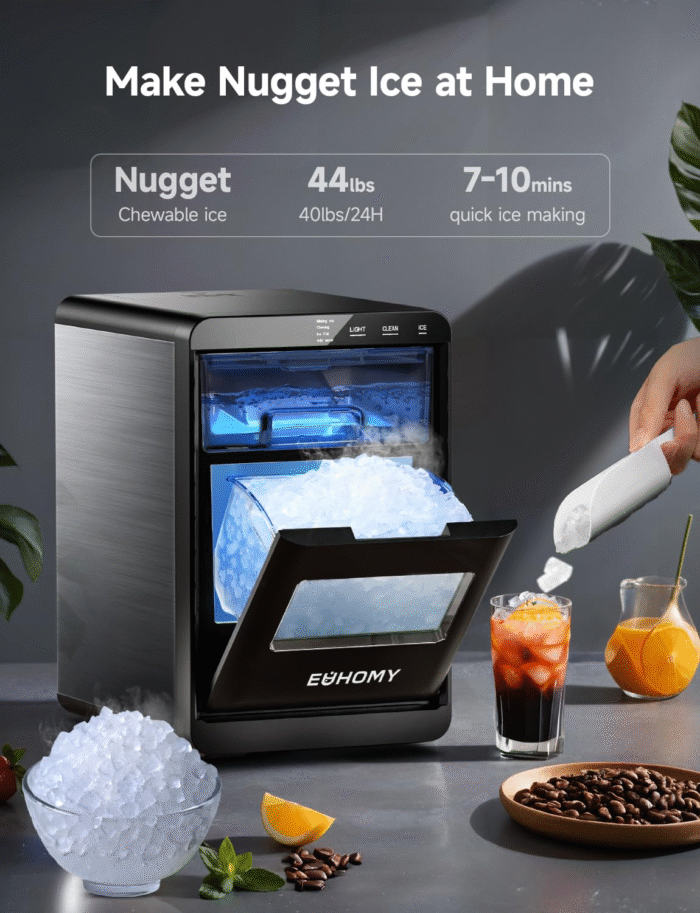 EUHOMY Nugget - Máquina para hacer hielo de guijarros de 44 libras/24 horas, máquina de hielo de pellets autolimpiante con cuchara y cesta de hielo, máquina de hielo de encimera sónico para el hogar - Image 3