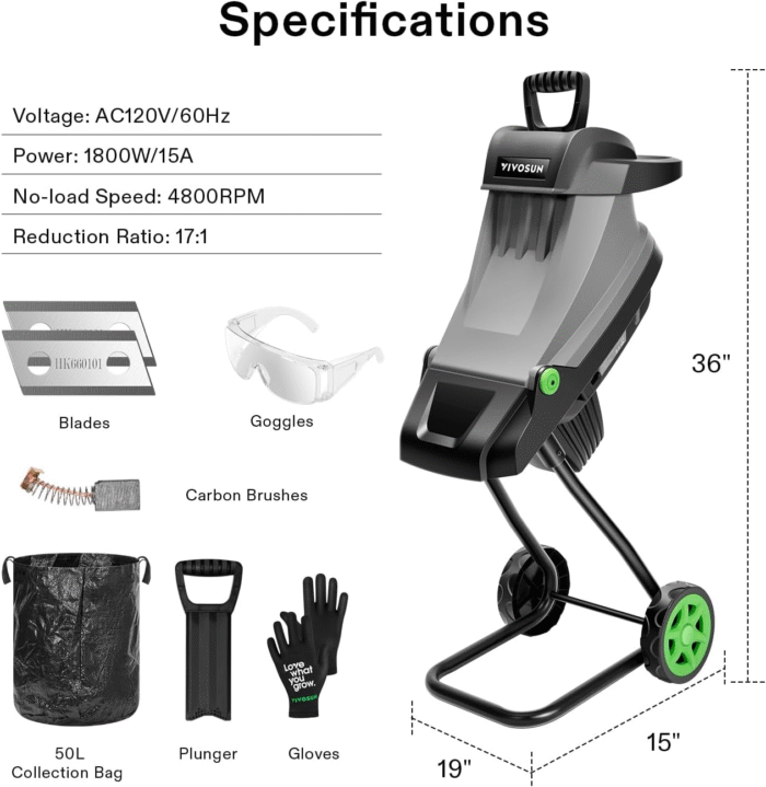 VIVOSUN 15-Amp Electric Wood Chipper Shredder with 1.77" Hopper & 50L Collection Bag, Includes Plunger, Extra Carbon Blades, Safety Goggles & Gloves for Yard Waste, Branches, and Leaves (Grey) - Image 6
