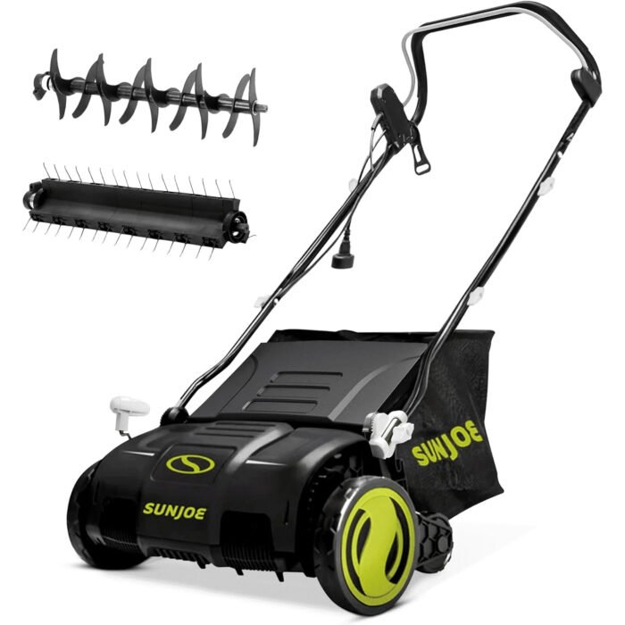 Sun Joe Electric Lawn Dethatcher & Scarifier with 13.2-Gal Bag, 13 Amp, 15 Inch, Black/Green - Heavy Duty Gardening Machine and Equipment for Lawn, Yard, and Grass, AJ805E - Image 1
