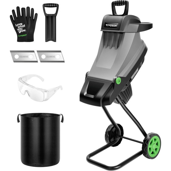 VIVOSUN 15-Amp Electric Wood Chipper Shredder with 1.77" Hopper & 50L Collection Bag, Includes Plunger, Extra Carbon Blades, Safety Goggles & Gloves for Yard Waste, Branches, and Leaves (Grey) - Image 1