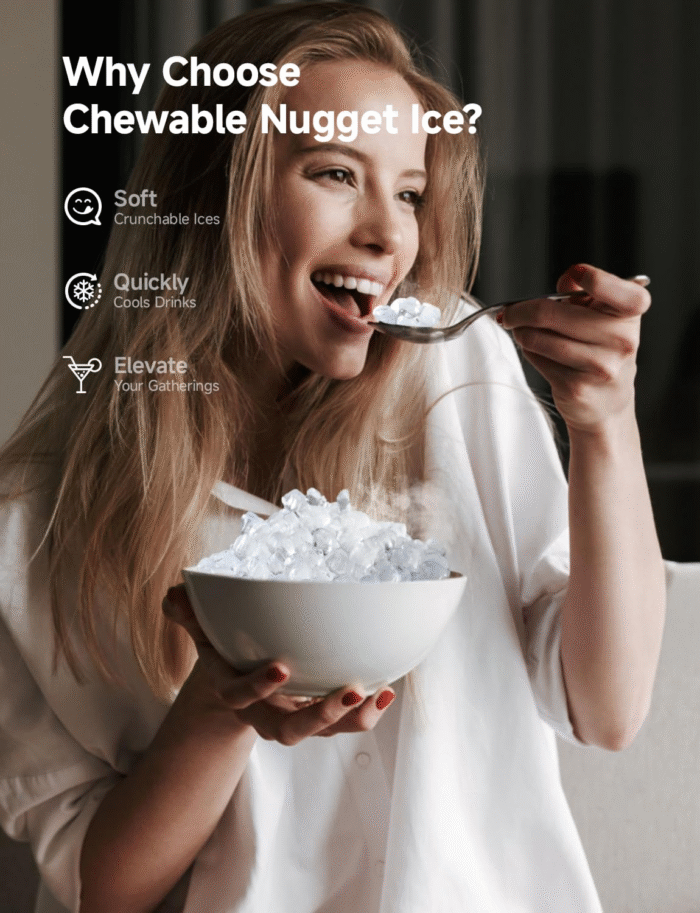 EUHOMY Nugget - Máquina para hacer hielo de guijarros de 44 libras/24 horas, máquina de hielo de pellets autolimpiante con cuchara y cesta de hielo, máquina de hielo de encimera sónico para el hogar - Image 7