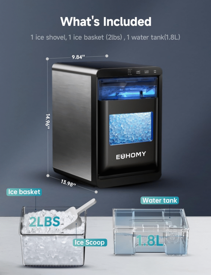 EUHOMY Nugget - Máquina para hacer hielo de guijarros de 44 libras/24 horas, máquina de hielo de pellets autolimpiante con cuchara y cesta de hielo, máquina de hielo de encimera sónico para el hogar - Image 5