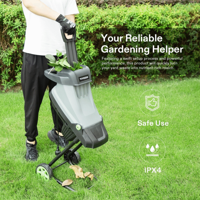 VIVOSUN 15-Amp Electric Wood Chipper Shredder with 1.77" Hopper & 50L Collection Bag, Includes Plunger, Extra Carbon Blades, Safety Goggles & Gloves for Yard Waste, Branches, and Leaves (Grey) - Image 7