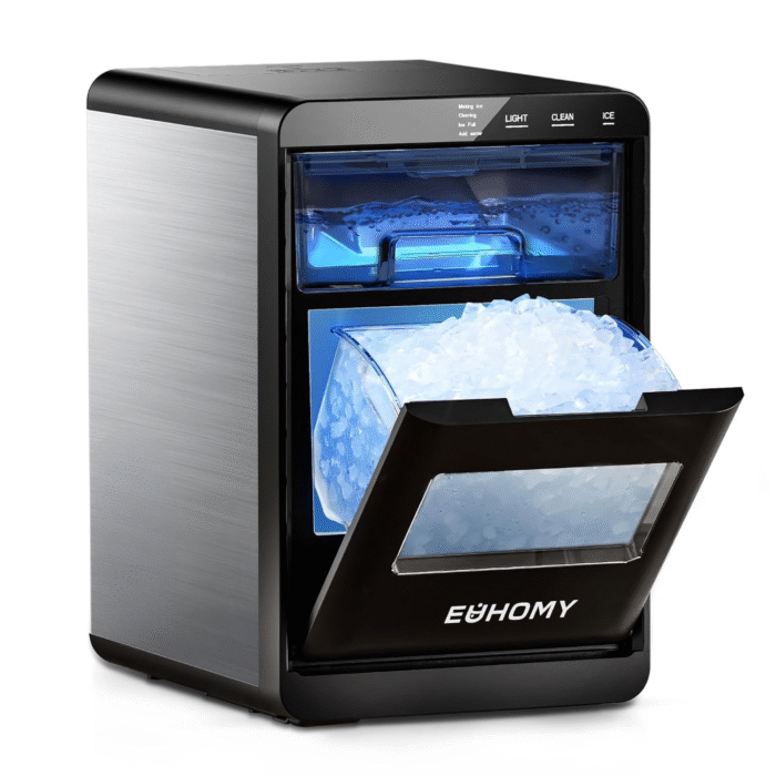 EUHOMY Nugget - Máquina para hacer hielo de guijarros de 44 libras/24 horas, máquina de hielo de pellets autolimpiante con cuchara y cesta de hielo, máquina de hielo de encimera sónico para el hogar - Image 1