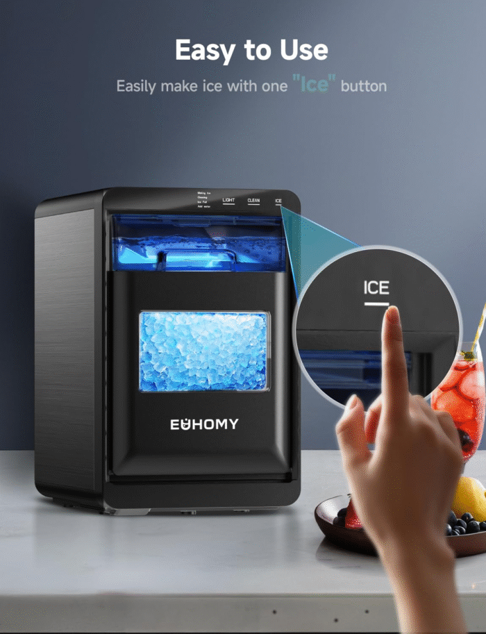 EUHOMY Nugget - Máquina para hacer hielo de guijarros de 44 libras/24 horas, máquina de hielo de pellets autolimpiante con cuchara y cesta de hielo, máquina de hielo de encimera sónico para el hogar - Image 4
